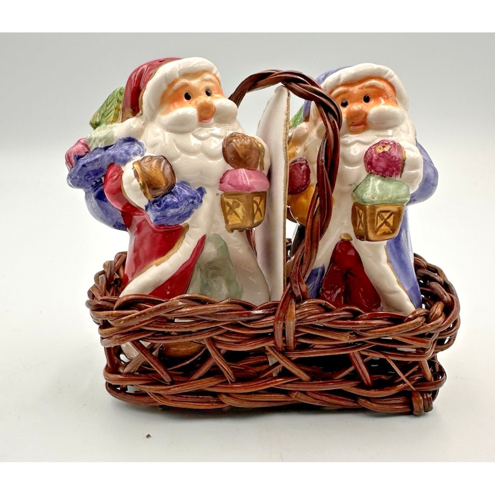 Santa Claus Ceramic Salt and Pepper Shakers with wicker Holder